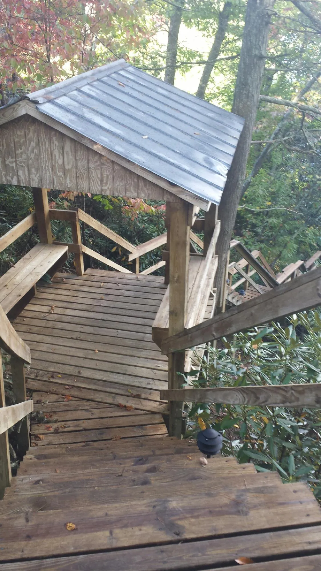Metal roofed shelter over wooden steps on a wooded walkway — Skylight Repair & Installation work by our crew in Rixeyville